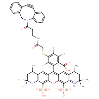 Chemical structure of 6-[3-({[(3-{2-azatricyclo[10.4.0.0⁴,⁹]hexadeca-1(16),4,6,8,12,14-hexaen-10-yn-2-yl}-3-oxopropyl)carbamoyl]methyl}sulfanyl)-6-carboxy-2,4,5-trichlorophenyl]-2,2,4,8,10,10-hexamethyl-14-sulfo-2,3,4,8,9,10-hexahydro-1H-13-oxa-1,11-diazapentacen-11-ium-12-sulfonate - CSSB06645150682