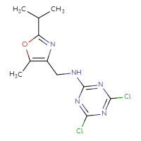 Chemical structure of 4,6-dichloro-N-{[5-methyl-2-(propan-2-yl)-1,3-oxazol-4-yl]methyl}-1,3,5-triazin-2-amine - CSSB20871750690
