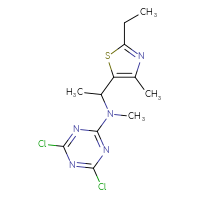 Chemical structure of 4,6-dichloro-N-[1-(2-ethyl-4-methyl-1,3-thiazol-5-yl)ethyl]-N-methyl-1,3,5-triazin-2-amine - CSSB06444062840