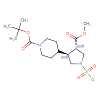 Chemical structure of rac-tert-butyl 4-[(3R,4R)-1-(chlorosulfonyl)-4-(methoxycarbonyl)pyrrolidin-3-yl]piperidine-1-carboxylate - CSSB21291564429