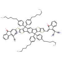 Chemical structure of 2-[(2Z)-2-[(20-{[(2E)-1-(dicyanomethylidene)-3-oxo-2,3-dihydro-1H-inden-2-ylidene]methyl}-12,12,24,24-tetrakis(4-hexylphenyl)-5,9,17,21-tetrathiaheptacyclo[13.9.0.0³,¹³.0⁴,¹¹.0⁶,¹⁰.0¹⁶,²³.0¹⁸,²²]tetracosa-1,3(13),4(11),6(10),7,14,16(23),18(22),19-nonaen-8-yl)methylidene]-3-oxo-2,3-dihydro-1H-inden-1-ylidene]propanedinitrile - CSSB06744596930