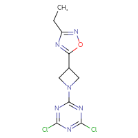 Chemical structure of 2,4-dichloro-6-[3-(3-ethyl-1,2,4-oxadiazol-5-yl)azetidin-1-yl]-1,3,5-triazine - CSSB20454568927