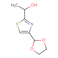 Chemical structure of 1-[4-(1,3-dioxolan-2-yl)-1,3-thiazol-2-yl]ethan-1-ol - CSSB20988812872