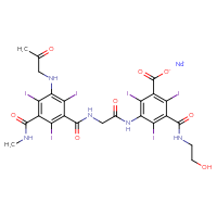 Chemical structure of sodium 3-[(2-hydroxyethyl)carbamoyl]-2,4,6-triiodo-5-(2-{[2,4,6-triiodo-3-(methylcarbamoyl)-5-[(2-oxopropyl)amino]phenyl]formamido}acetamido)benzoate - CSSB15546482139