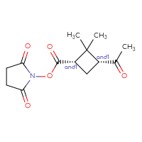 Chemical structure of rac-2,5-dioxopyrrolidin-1-yl (1R,3S)-3-acetyl-2,2-dimethylcyclobutane-1-carboxylate - CSSB20270535282