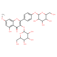 Chemical structure of 5-hydroxy-7-methoxy-3-{[3,4,5-trihydroxy-6-(hydroxymethyl)oxan-2-yl]oxy}-2-(4-{[3,4,5-trihydroxy-6-(hydroxymethyl)oxan-2-yl]oxy}phenyl)-4H-chromen-4-one - CSSB06256038284