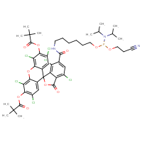 Chemical structure of 6-{[6-({[bis(propan-2-yl)amino](2-cyanoethoxy)phosphanyl}oxy)hexyl]carbamoyl}-2',4,4',5',7,7'-hexachloro-6'-[(2,2-dimethylpropanoyl)oxy]-3-oxo-3H-spiro[2-benzofuran-1,9'-xanthen]-3'-yl 2,2-dimethylpropanoate - CSSB06446555280
