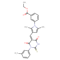 Chemical structure of ethyl 3-(2,5-dimethyl-3-{[(5E)-1-(3-methylphenyl)-4,6-dioxo-2-sulfanylidene-1,3-diazinan-5-ylidene]methyl}-1H-pyrrol-1-yl)benzoate - CSSB00132351537
