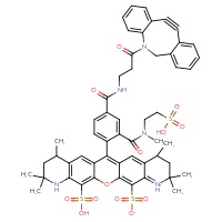 Chemical structure of 6-{4-[(3-{2-azatricyclo[10.4.0.0⁴,⁹]hexadeca-1(16),4,6,8,12,14-hexaen-10-yn-2-yl}-3-oxopropyl)carbamoyl]-2-[methyl(2-sulfoethyl)carbamoyl]phenyl}-2,2,4,8,10,10-hexamethyl-14-sulfo-2,3,4,8,9,10-hexahydro-1H-13-oxa-1,11-diazapentacen-11-ium-12-sulfonate - CSSB06645150715