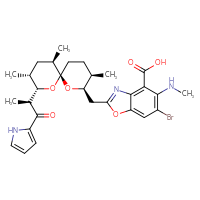Chemical structure of 6-bromo-5-(methylamino)-2-{[(2R,3R,6S,8S,9R,11R)-3,9,11-trimethyl-8-[(2S)-1-oxo-1-(1H-pyrrol-2-yl)propan-2-yl]-1,7-dioxaspiro[5.5]undecan-2-yl]methyl}-1,3-benzoxazole-4-carboxylic acid - CSSB00116207546
