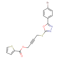 Chemical structure of 4-{[5-(4-bromophenyl)-1,3,4-oxadiazol-2-yl]sulfanyl}but-2-yn-1-yl thiophene-2-carboxylate - CSSB00121613565