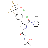 Chemical structure of 5-[2,3-dichloro-4-(1,1,1,3,3,3-hexafluoro-2-hydroxypropan-2-yl)phenyl]-N-(2-hydroxy-2-methylpropyl)-4-[(2R)-2-methylpyrrolidine-1-carbonyl]-1,3-thiazole-2-carboxamide - CSSB06744597521