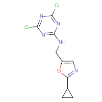 Chemical structure of 4,6-dichloro-N-[(2-cyclopropyl-1,3-oxazol-5-yl)methyl]-1,3,5-triazin-2-amine - CSSB02177529393