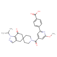 Chemical structure of 4-(6-methoxy-4-{[7-oxo-1-(propan-2-yl)-1,4,6,7-tetrahydrospiro[indazole-5,4'-piperidin]-1'-yl]carbonyl}pyridin-2-yl)benzoic acid - CSSB03221031349