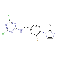 Chemical structure of 4,6-dichloro-N-{[3-fluoro-4-(2-methyl-1H-imidazol-1-yl)phenyl]methyl}-1,3,5-triazin-2-amine - CSSB21332152980