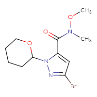 Chemical structure of 3-bromo-N-methoxy-N-methyl-1-(oxan-2-yl)-1H-pyrazole-5-carboxamide - CSSB15046472230