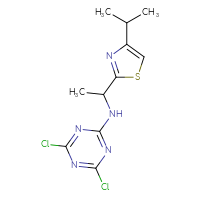 Chemical structure of 4,6-dichloro-N-{1-[4-(propan-2-yl)-1,3-thiazol-2-yl]ethyl}-1,3,5-triazin-2-amine - CSSB14815101842