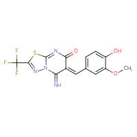 Chemical structure of (6Z)-6-[(4-hydroxy-3-methoxyphenyl)methylidene]-5-imino-2-(trifluoromethyl)-5H,6H,7H-[1,3,4]thiadiazolo[3,2-a]pyrimidin-7-one - CSSB06595021030