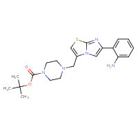 Chemical structure of tert-butyl 4-{[6-(2-aminophenyl)imidazo[2,1-b][1,3]thiazol-3-yl]methyl}piperazine-1-carboxylate - CSSB00025714745