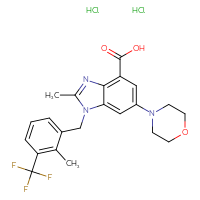 Chemical structure of 2-methyl-1-{[2-methyl-3-(trifluoromethyl)phenyl]methyl}-6-(morpholin-4-yl)-1H-1,3-benzodiazole-4-carboxylic acid dihydrochloride - CSSB06645078929