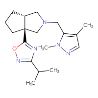 Chemical structure of 5-[(3aS,6aS)-2-[(1,4-dimethyl-1H-pyrazol-5-yl)methyl]-octahydrocyclopenta[c]pyrrol-3a-yl]-3-(propan-2-yl)-1,2,4-oxadiazole - CSSS00027548599