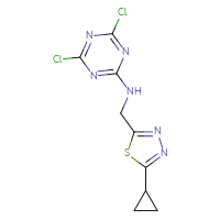 Chemical structure of 4,6-dichloro-N-[(5-cyclopropyl-1,3,4-thiadiazol-2-yl)methyl]-1,3,5-triazin-2-amine - CSSB20651154923