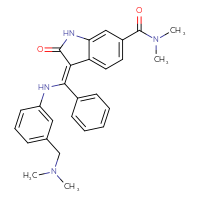 Chemical structure of (3Z)-3-[({3-[(dimethylamino)methyl]phenyl}amino)(phenyl)methylidene]-N,N-dimethyl-2-oxo-2,3-dihydro-1H-indole-6-carboxamide - CSSB00020654401