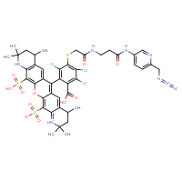Chemical structure of 6-[3-({[(2-{[6-(azidomethyl)pyridin-3-yl]carbamoyl}ethyl)carbamoyl]methyl}sulfanyl)-6-carboxy-2,4,5-trichlorophenyl]-2,2,4,8,10,10-hexamethyl-14-sulfo-2,3,4,8,9,10-hexahydro-1H-13-oxa-1,11-diazapentacen-11-ium-12-sulfonate - CSSB06645150683