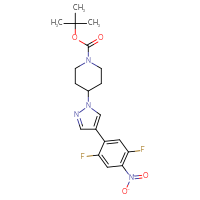 Chemical structure of tert-butyl 4-[4-(2,5-difluoro-4-nitrophenyl)-1H-pyrazol-1-yl]piperidine-1-carboxylate - CSSB10855445099