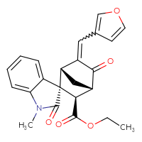 Chemical structure of ethyl (1S,2R,3R,4S)-6-[(furan-3-yl)methylidene]-1'-methyl-2',5-dioxo-1',2'-dihydrospiro[bicyclo[2.2.1]heptane-2,3'-indole]-3-carboxylate - CSSB20620527812