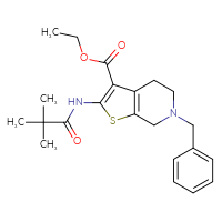 Chemical structure of ethyl 6-benzyl-2-(2,2-dimethylpropanamido)-4H,5H,6H,7H-thieno[2,3-c]pyridine-3-carboxylate - CSSB21253046395