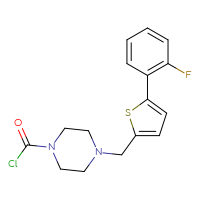 Chemical structure of 4-{[5-(2-fluorophenyl)thiophen-2-yl]methyl}piperazine-1-carbonyl chloride - CSSB21224774755