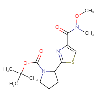 Chemical structure of tert-butyl 2-{4-[methoxy(methyl)carbamoyl]-1,3-thiazol-2-yl}pyrrolidine-1-carboxylate - CSSB02136710117