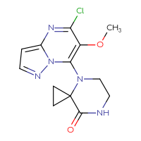 Chemical structure of 4-{5-chloro-6-methoxypyrazolo[1,5-a]pyrimidin-7-yl}-4,7-diazaspiro[2.5]octan-8-one - CSSS14948281340