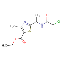 Chemical structure of ethyl 2-[1-(2-chloroacetamido)ethyl]-4-methyl-1,3-thiazole-5-carboxylate - CSSB01776937889