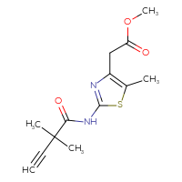 Chemical structure of methyl 2-[2-(2,2-dimethylbut-3-ynamido)-5-methyl-1,3-thiazol-4-yl]acetate - CSSB21415977664