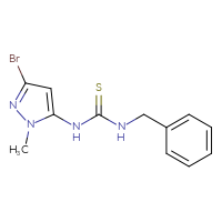 Chemical structure of 1-benzyl-3-(3-bromo-1-methyl-1H-pyrazol-5-yl)thiourea - CSSB21432510601