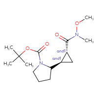 Chemical structure of rac-tert-butyl 2-[(1R,2R)-2-[methoxy(methyl)carbamoyl]cyclopropyl]pyrrolidine-1-carboxylate - CSSB21291563873