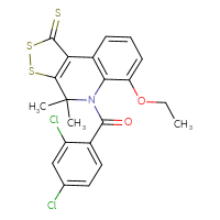 Chemical structure of 5-(2,4-dichlorobenzoyl)-6-ethoxy-4,4-dimethyl-1H,4H,5H-[1,2]dithiolo[3,4-c]quinoline-1-thione - CSSB00121707731