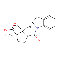 Chemical structure of 3-(2,3-dihydro-1H-indole-1-carbonyl)-1,2,2-trimethylcyclopentane-1-carboxylic acid - CSSB00020583057