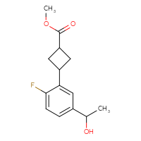 Chemical structure of methyl 3-[2-fluoro-5-(1-hydroxyethyl)phenyl]cyclobutane-1-carboxylate - CSSB20789525019