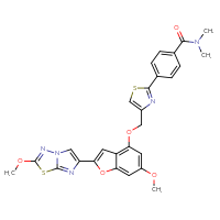 Chemical structure of 4-(4-{[(6-methoxy-2-{2-methoxyimidazo[2,1-b][1,3,4]thiadiazol-6-yl}-1-benzofuran-4-yl)oxy]methyl}-1,3-thiazol-2-yl)-N,N-dimethylbenzamide - CSSB06629247740