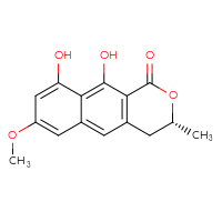 Chemical structure of (3R)-9,10-dihydroxy-7-methoxy-3-methyl-1H,3H,4H-naphtho[2,3-c]pyran-1-one - CSSB14813048547