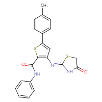 Chemical structure of 5-(4-methylphenyl)-3-{[(2Z)-4-oxo-1,3-thiazolidin-2-ylidene]amino}-N-phenylthiophene-2-carboxamide - CSSB21444811614