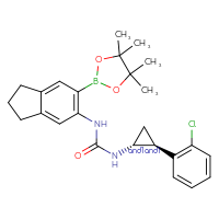 Chemical structure of rac-3-[(1R,2S)-2-(2-chlorophenyl)cyclopropyl]-1-[6-(4,4,5,5-tetramethyl-1,3,2-dioxaborolan-2-yl)-2,3-dihydro-1H-inden-5-yl]urea - CSSB21332136193