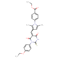 Chemical structure of ethyl 4-(3-{[1-(4-ethoxyphenyl)-4,6-dioxo-2-sulfanylidene-1,3-diazinan-5-ylidene]methyl}-2,5-dimethyl-1H-pyrrol-1-yl)benzoate - CSSB00121696878