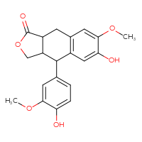 Chemical structure of 6-hydroxy-4-(4-hydroxy-3-methoxyphenyl)-7-methoxy-1H,3H,3aH,4H,9H,9aH-naphtho[2,3-c]furan-1-one - CSSB00121578606