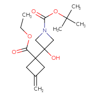 Chemical structure of tert-butyl 3-[1-(ethoxycarbonyl)-3-methylidenecyclobutyl]-3-hydroxyazetidine-1-carboxylate - CSSB06640468780
