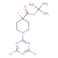 Chemical structure of tert-butyl 1-(4,6-dichloro-1,3,5-triazin-2-yl)-4-fluoropiperidine-4-carboxylate - CSSB21332059981