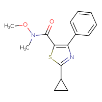 Chemical structure of 2-cyclopropyl-N-methoxy-N-methyl-4-phenyl-1,3-thiazole-5-carboxamide - CSSB01395048503